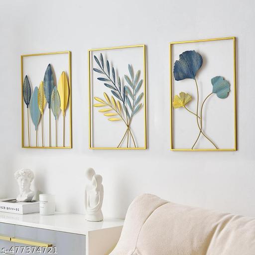 Gold Leaf Wall Decor Modern Wall Art Home Decor, Set of 3 Metal Wall Hanging Decoration for Living Room Office Bedroom Hotel Leaf Frame Wall Hanging Decoration - Gadgetztore