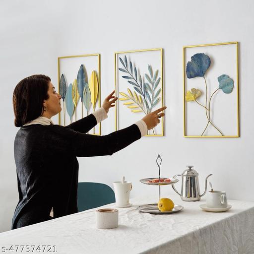 Gold Leaf Wall Decor Modern Wall Art Home Decor, Set of 3 Metal Wall Hanging Decoration for Living Room Office Bedroom Hotel Leaf Frame Wall Hanging Decoration - Gadgetztore