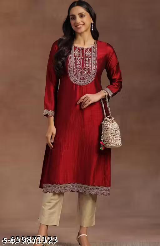 Kurti for Women | Ladies Stylish Maroon Embroidery Kurti | Vichitra Silk Kurti | New Kurti - Gagan Elite
