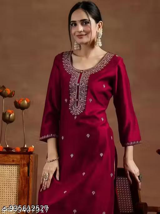 Trendy Vichitra Silk Heavy Embroidery Maroon Kurti With Sequence Work | Best Kurti For Festive Season | Ethnic Wear - Gagan Elite