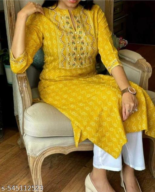 Trendy Fasionable Yellow Cotton Embroidered Kurti - Gagan Elite