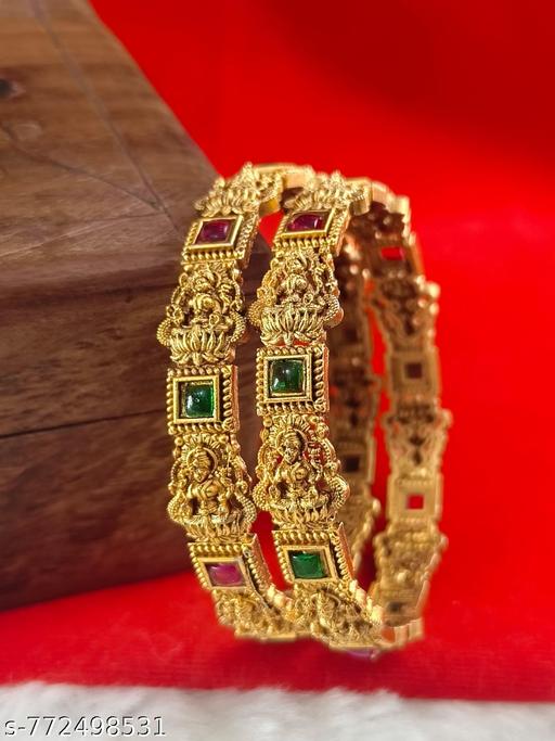 Orna Antique Gold Plated Lakshmi Temple Bangles with Red & Green Stones - Gagan Elite