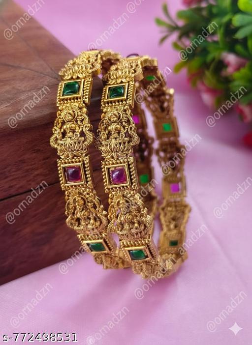 Orna Antique Gold Plated Lakshmi Temple Bangles with Red & Green Stones - Gagan Elite