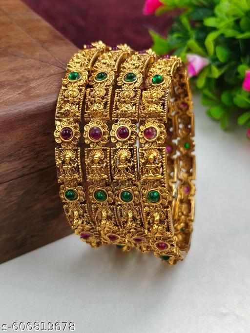 Traditional South Indian LaxmiDevi Matte Finish Temple Bangle Set - Gagan Elite