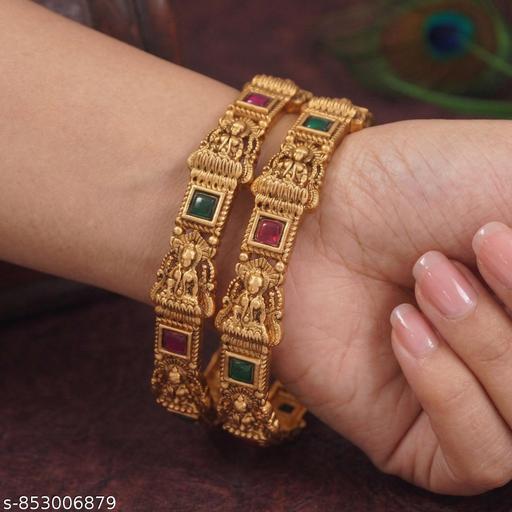 Govindam Antique Gold Plated Lakshmi Temple Bangles with Red & Green Stones - Gagan Elite