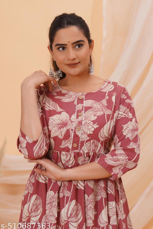 "Feeding Kurti" Woman's Rayon Floral Printed Anarkali Maternity Feeding kurti (Off White/Black) - Gagan Elite