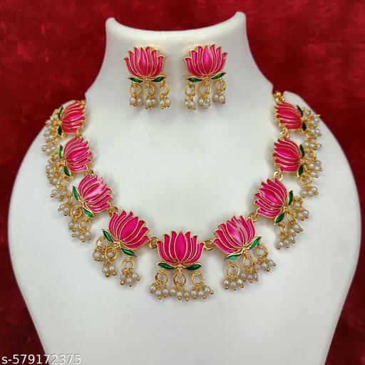 Gold Plated Lotus  Design Necklace Set With Meenakari Work - Gagan Elite