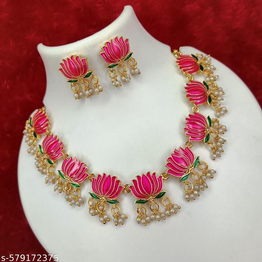 Gold Plated Lotus  Design Necklace Set With Meenakari Work - Gagan Elite