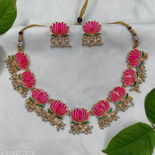 Gold Plated Lotus  Design Necklace Set With Meenakari Work - Gagan Elite