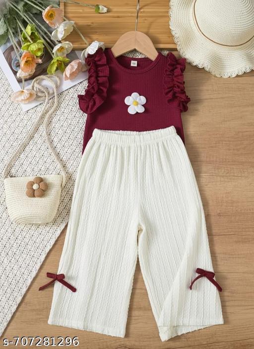 Trendy Girls Top And Bottom Sets | Summer Special Smocked T-Shirt and Pant Combo | Breathable Cotton Blend Summer Wear for Kids Girls - Gagan Elite
