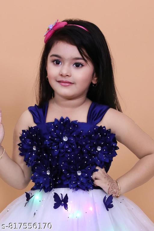 premium quality fabric and comfortable for baby girl light frock | white and navy blue, layered skirt, flower bodice, sequins, beads, flowers, butterflies, A-line, one-piece, party frock, tiered skirt, sleeveless, , tiered, above knee, Girls, partywear, tulle, satin, all-season, headband - Gagan Elite