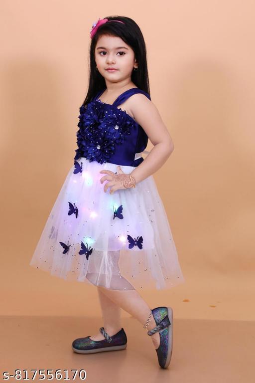 premium quality fabric and comfortable for baby girl light frock | white and navy blue, layered skirt, flower bodice, sequins, beads, flowers, butterflies, A-line, one-piece, party frock, tiered skirt, sleeveless, , tiered, above knee, Girls, partywear, tulle, satin, all-season, headband - Gagan Elite