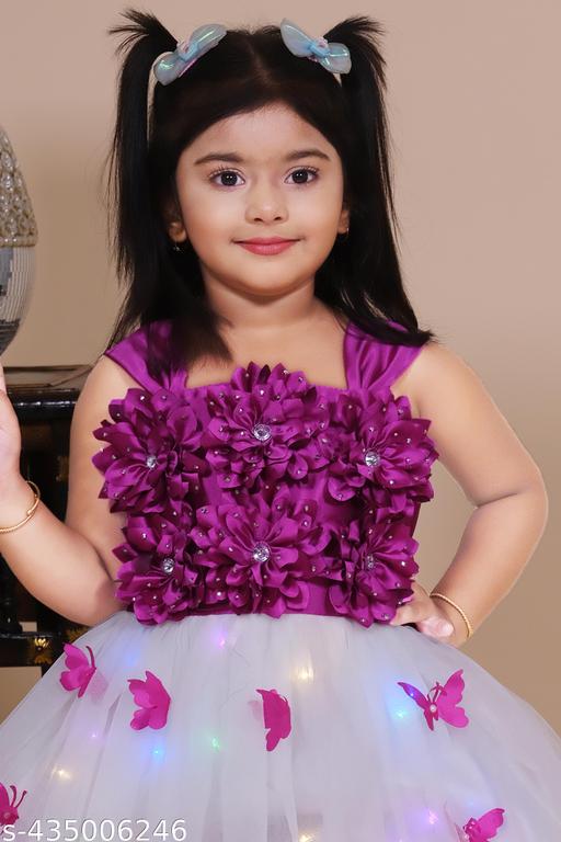 light frock | purple and white, A-line silhouette, layered tulle skirt, flowers, beads, butterflies, A-line, one-piece, party frock, tiered skirt, pull-on, sleeveless, square, tiered, above knee, Girls, partywear, tulle, satin, all-season - Gagan Elite