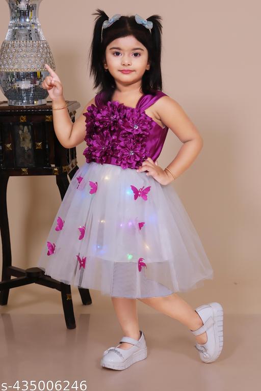 light frock | purple and white, A-line silhouette, layered tulle skirt, flowers, beads, butterflies, A-line, one-piece, party frock, tiered skirt, pull-on, sleeveless, square, tiered, above knee, Girls, partywear, tulle, satin, all-season - Gagan Elite
