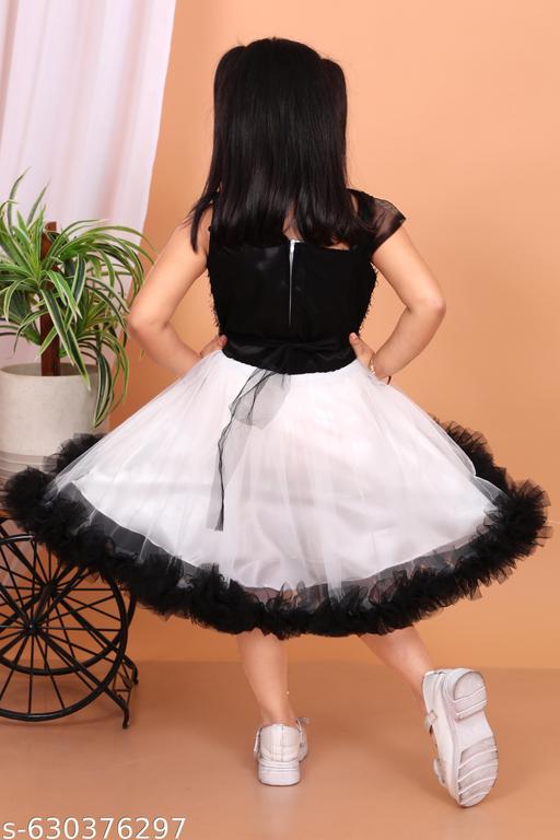 AMAYA FASHION- Girls Black & White Party Wear Frock | Designer Net Tutu Dress with Floral Applique | Birthday & Festive Outfit for Kids (1–7 Years) - Gagan Elite