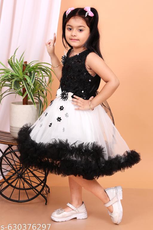 AMAYA FASHION- Girls Black & White Party Wear Frock | Designer Net Tutu Dress with Floral Applique | Birthday & Festive Outfit for Kids (1–7 Years) - Gagan Elite