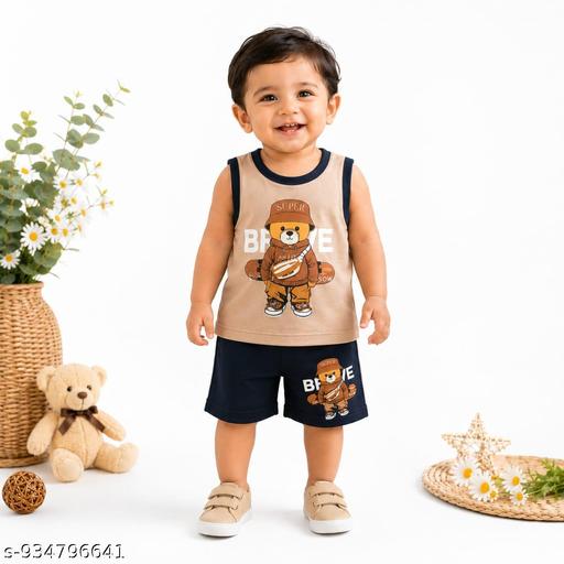 Baby Boys Bear Print Sleeveless T-Shirt & Shorts Co-Ord Set|Boys Casual Summer Co-Ord Set - Gagan Elite