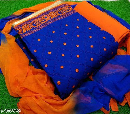 Women's Blue Embellished Embroidered Cotton Suits & Dress Materials - Gagan Elite
