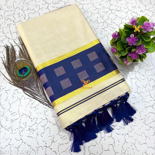 Texation Kerala Kasavu Golden Tissue saree with Running Blouse (SQ.K.K Blue) - Gagan Elite