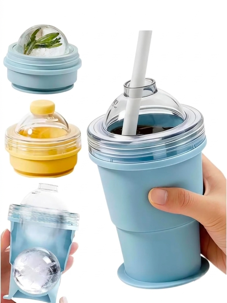 YASHASVI HUB Ice Maker Cup, 2 in 1 Foldable  Ice Ball Maker Cup, One Glass Ice Maker,  Portable Ice Sphere  with Straw and Lid, Compact Foldable Design (1)