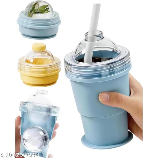 YASHASVI HUB Ice Maker Cup, 2 in 1 Foldable  Ice Ball Maker Cup, One Glass Ice Maker,  Portable Ice Sphere  with Straw and Lid, Compact Foldable Design (1) - Grinlot 