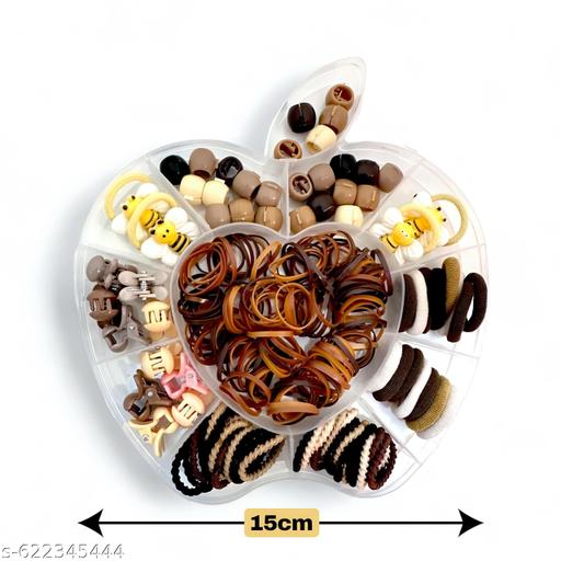 Apple Shape Hair Accessories Box | 100+ Pcs Nude & Brown Rubber Bands, Hair Clips & Beads Combo Set for Women & Girls - Zarastore
