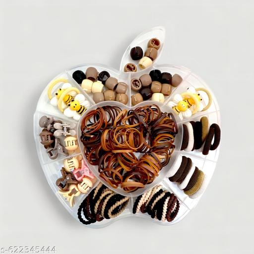 Apple Shape Hair Accessories Box | 100+ Pcs Nude & Brown Rubber Bands, Hair Clips & Beads Combo Set for Women & Girls - Zarastore