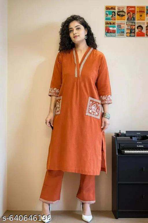 Show Off Rust Embroidered Kurta Set , orange Embroidered Kurta Set - Zarastore