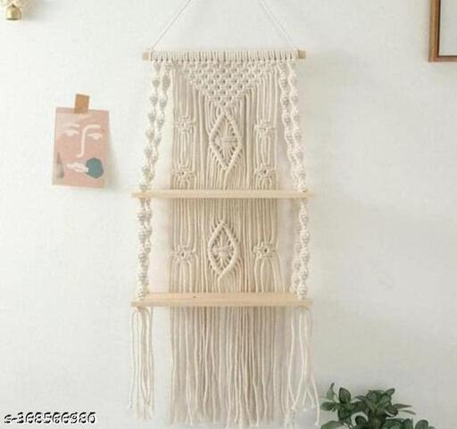 Urhan Hanging Shelf | Macrame Wall Hanging Shelf | Living Room Wall Decor | Sustainable Floating Macrame Wooden Shelf | Macrame Shelf for Hanging Plant(White) - Havenaura