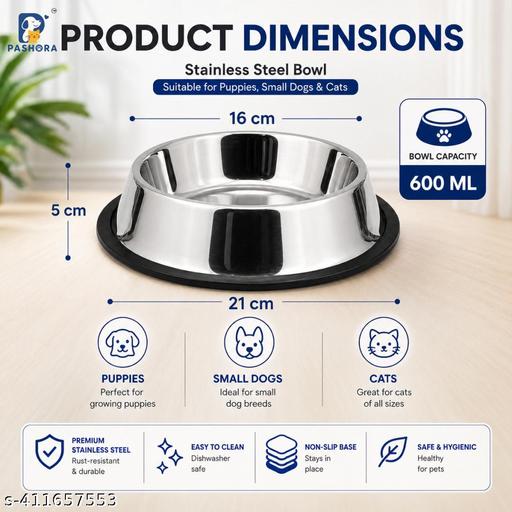 Stainless Steel Pet Feeding Bowl 600ML (Pack of 2) | Medium Size Non-Skid Rubber Base - Havenaura