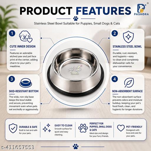 Stainless Steel Pet Feeding Bowl 600ML (Pack of 2) | Medium Size Non-Skid Rubber Base - Havenaura
