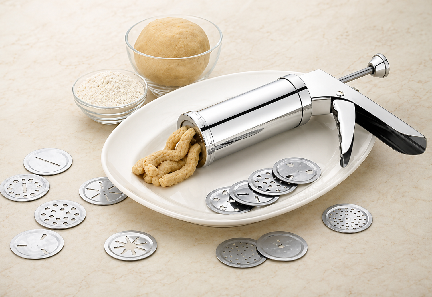 Stainless Steel Kitchen Press with 15 Different Types of Jalies, Murukku Maker/Bhujiya Maker/Noodles/Cookies/Namkeen/Chakali Maker/Sev Maker/Farsan Maker/Gathiya Maker (Silver) - HOME SHOPY
