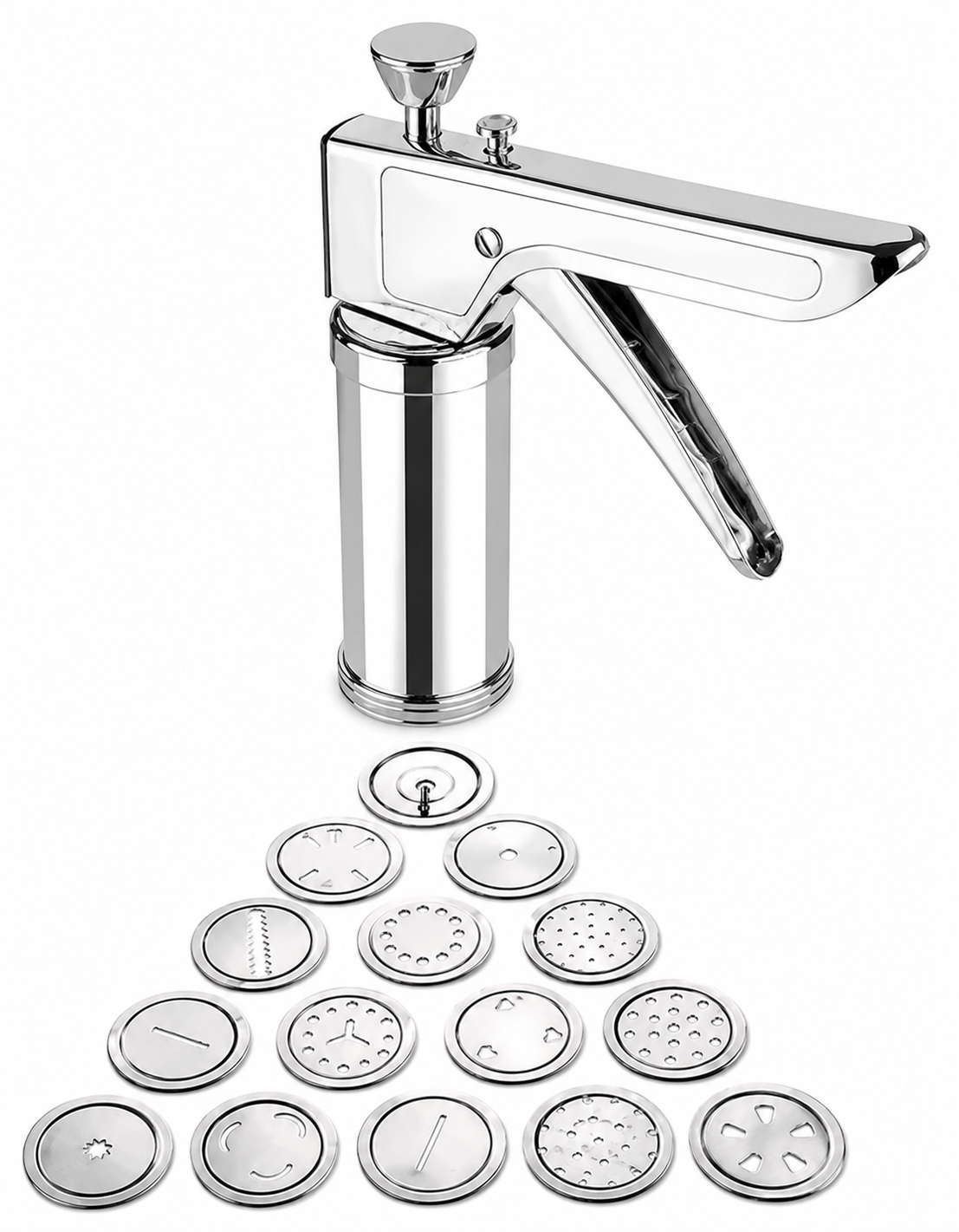 Stainless Steel Kitchen Press with 15 Different Types of Jalies, Murukku Maker/Bhujiya Maker/Noodles/Cookies/Namkeen/Chakali Maker/Sev Maker/Farsan Maker/Gathiya Maker (Silver) - HOME SHOPY
