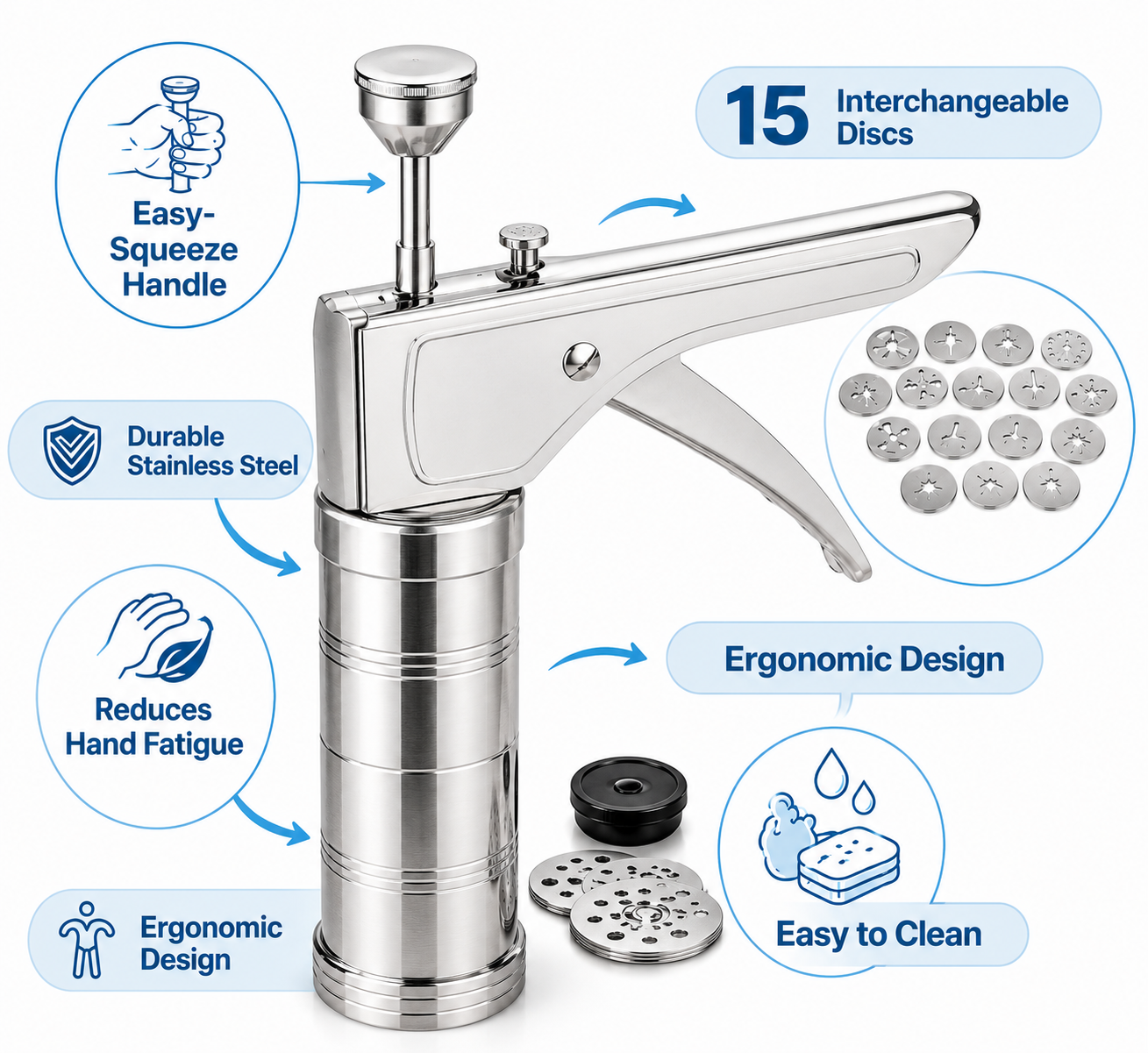 Stainless Steel Kitchen Press with 15 Different Types of Jalies, Murukku Maker/Bhujiya Maker/Noodles/Cookies/Namkeen/Chakali Maker/Sev Maker/Farsan Maker/Gathiya Maker (Silver) - HOME SHOPY