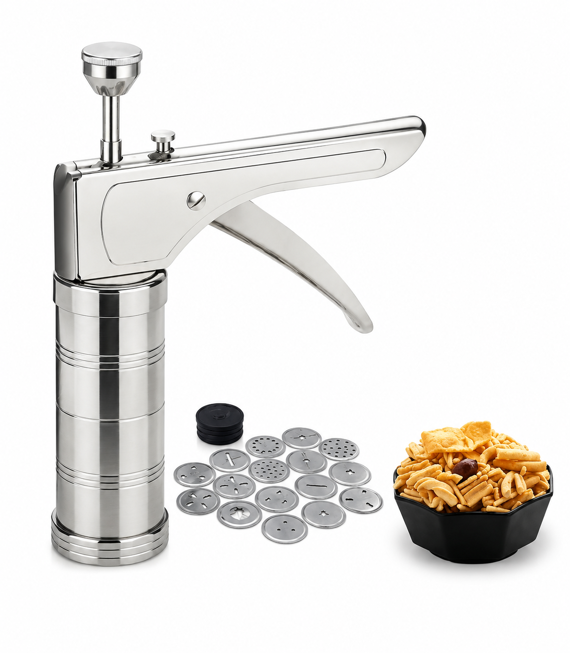 Stainless Steel Kitchen Press with 15 Different Types of Jalies, Murukku Maker/Bhujiya Maker/Noodles/Cookies/Namkeen/Chakali Maker/Sev Maker/Farsan Maker/Gathiya Maker (Silver) - HOME SHOPY