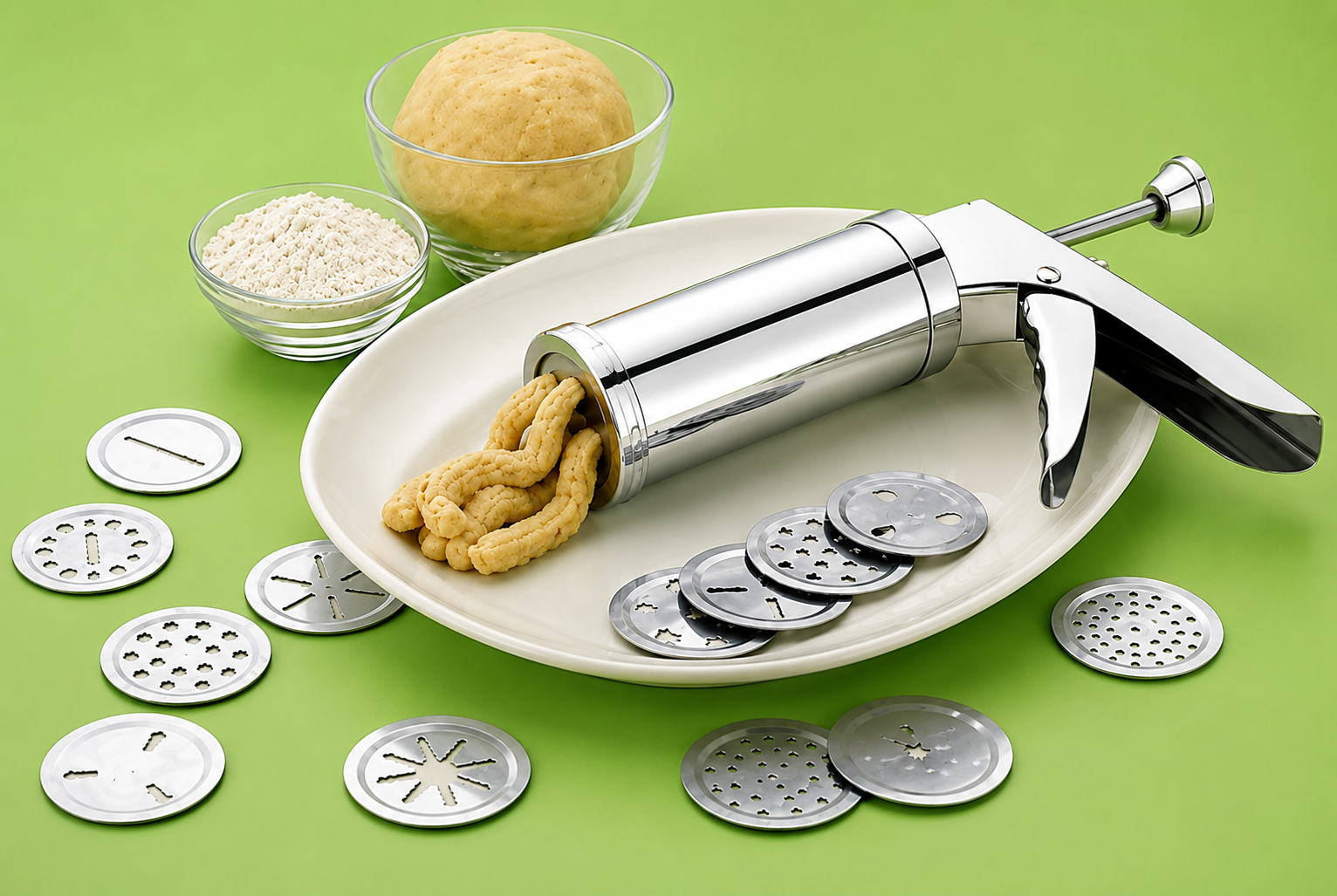 Stainless Steel Kitchen Press with 15 Different Types of Jalies, Murukku Maker/Bhujiya Maker/Noodles/Cookies/Namkeen/Chakali Maker/Sev Maker/Farsan Maker/Gathiya Maker (Silver) - HOME SHOPY