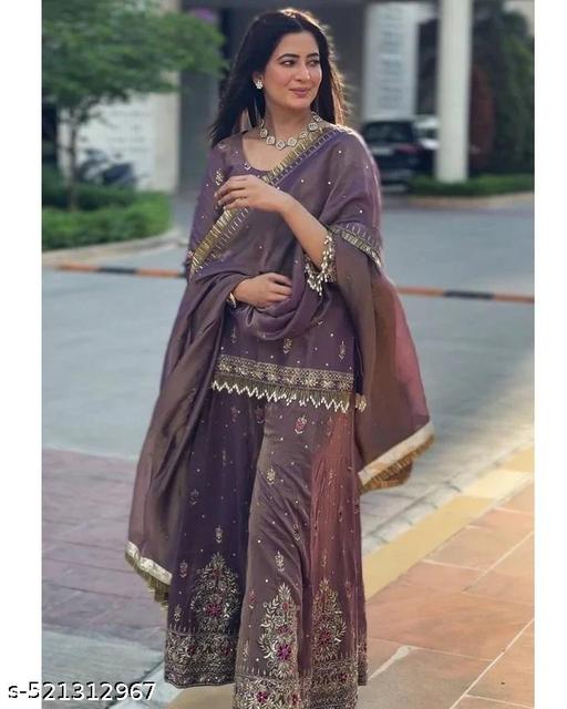 New Designer Party Wear Pure Twil Gold Net Top, Palazzo & Dupatta Set - roslyncart
