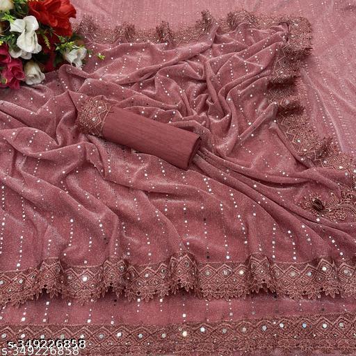 SHIMMER SAREE WITH MIRROR WORK AND CHEMICAL LACE AND DIMOND HAND WORK - roslyncart