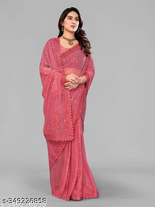 SHIMMER SAREE WITH MIRROR WORK AND CHEMICAL LACE AND DIMOND HAND WORK - roslyncart