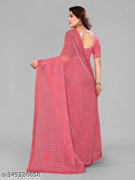 SHIMMER SAREE WITH MIRROR WORK AND CHEMICAL LACE AND DIMOND HAND WORK - roslyncart