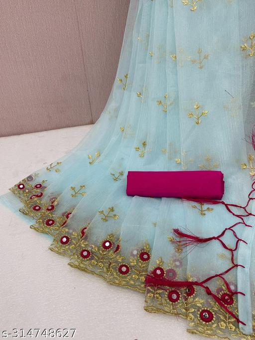 very beautiful super net fabric embroidery and mirror work sari with blouse - roslyncart