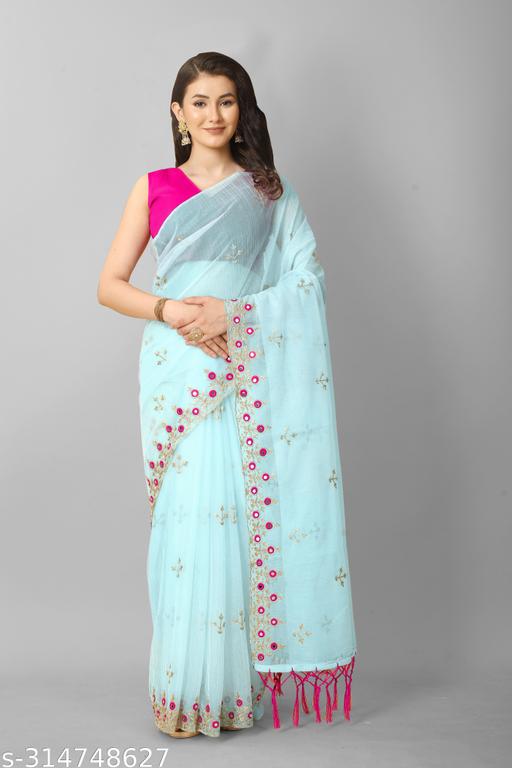 very beautiful super net fabric embroidery and mirror work sari with blouse - roslyncart