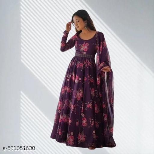fabric by Georgette round neck stylish sleeve printed long wear casual formal wedding function party wear gown women dress long and girl - roslyncart