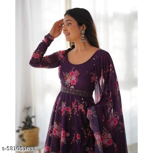 fabric by Georgette round neck stylish sleeve printed long wear casual formal wedding function party wear gown women dress long and girl - roslyncart