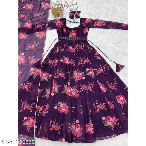 fabric by Georgette round neck stylish sleeve printed long wear casual formal wedding function party wear gown women dress long and girl - roslyncart