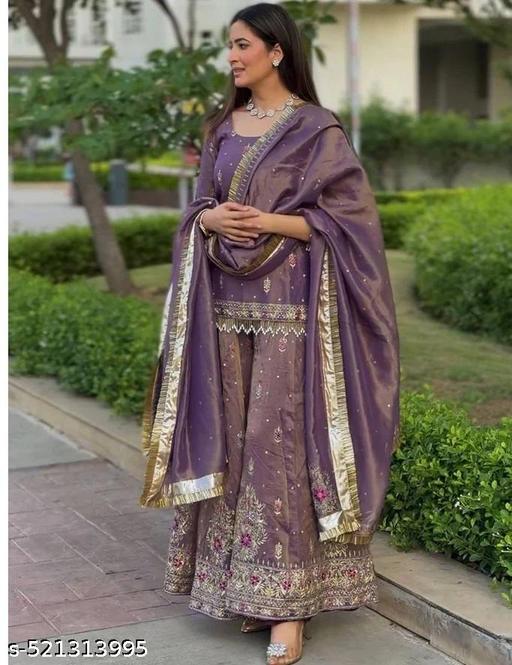 New Designer Party Wear Pure Twil Gold Net Top, Palazzo & Dupatta Set - roslyncart