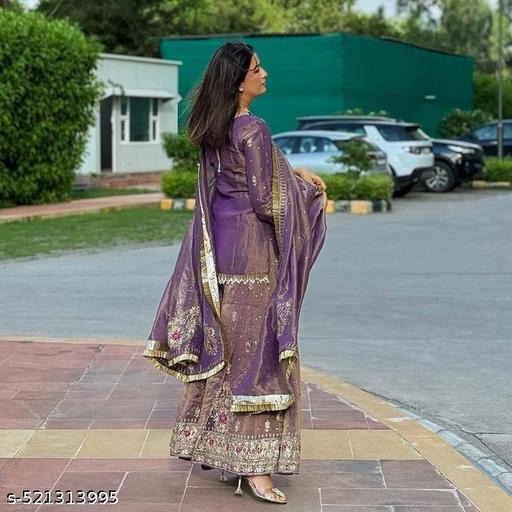 New Designer Party Wear Pure Twil Gold Net Top, Palazzo & Dupatta Set - roslyncart