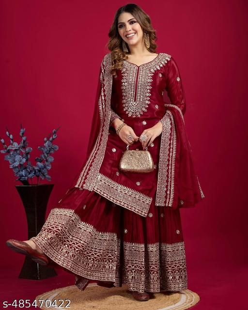 Presenting New Chinnon Silk With Heavy Embroidery Work Top-Plazo And Dupatta Set With Fully Stitched Ready To Wear Collection - roslyncart