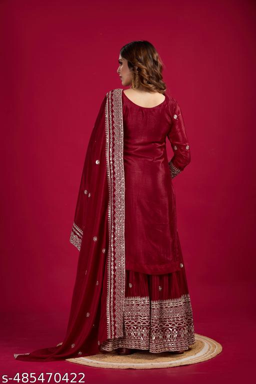 Presenting New Chinnon Silk With Heavy Embroidery Work Top-Plazo And Dupatta Set With Fully Stitched Ready To Wear Collection - roslyncart