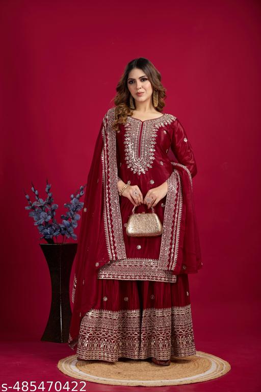 Presenting New Chinnon Silk With Heavy Embroidery Work Top-Plazo And Dupatta Set With Fully Stitched Ready To Wear Collection - roslyncart